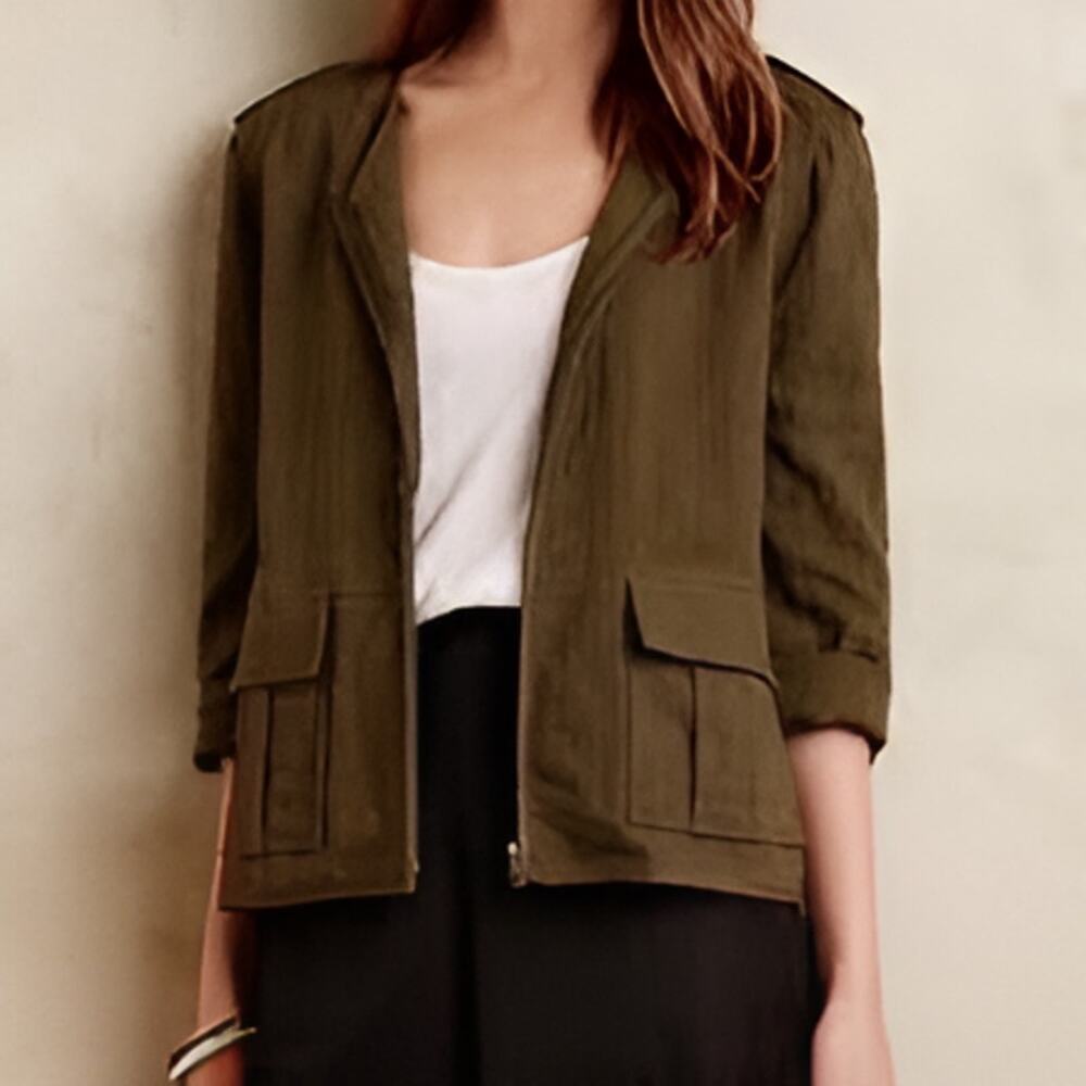 Sanctuary Seersucker Full Zip Utility Jacket Army Green Size Large
